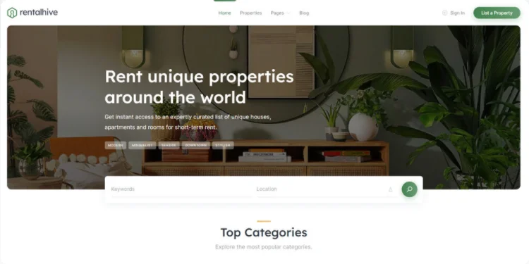 Homepage do RentalHive, um tema WordPress para aluguel de temporada.
