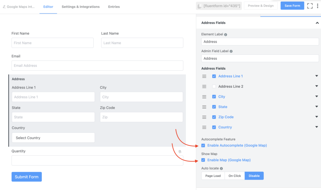 Abilitazione del completamento automatico di Google Map in moduli fluenti