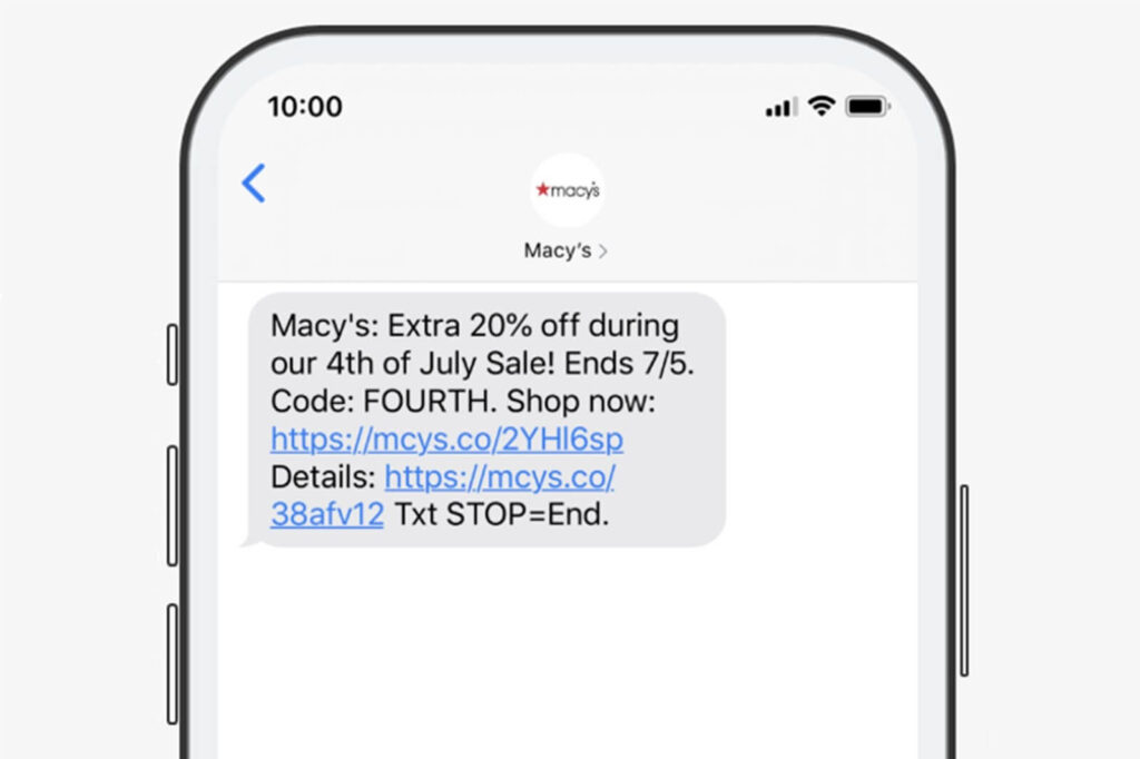 Capture d'écran sur un téléphone portable d'un message promotionnel de Macys.