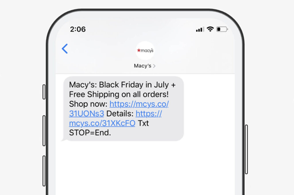 Captura de tela em um celular de uma mensagem promocional da Macys.