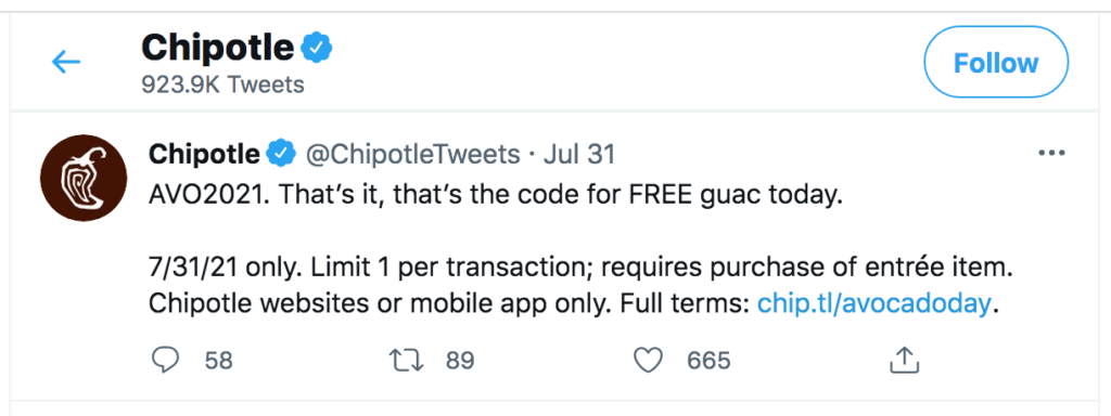 Captura de tela de um tweet promocional da Chipotle