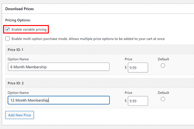 Easy Digital Downloads variable pricing