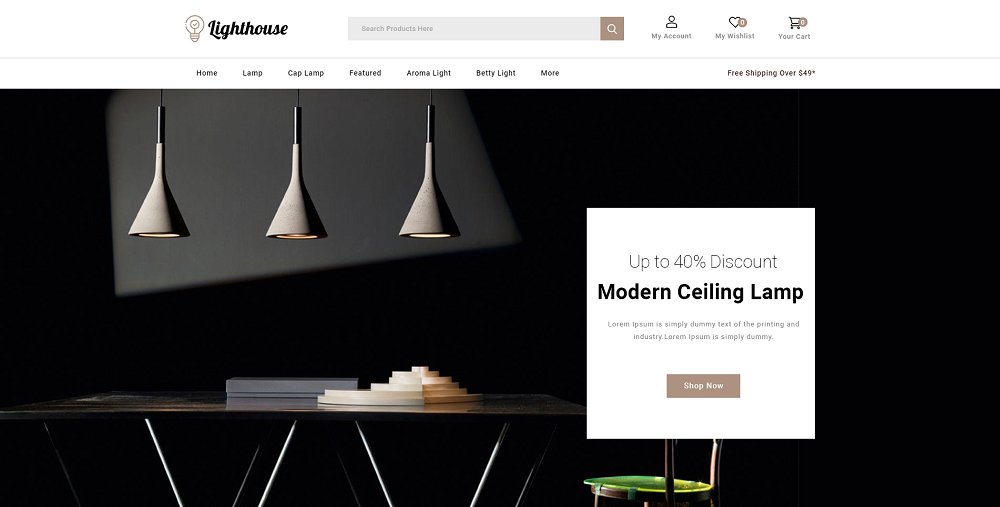 LightHouse – Modelo OpenCart de Loja de Lâmpadas Modernas