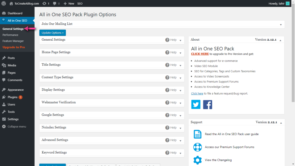 Setări generale All in One SEO Pack