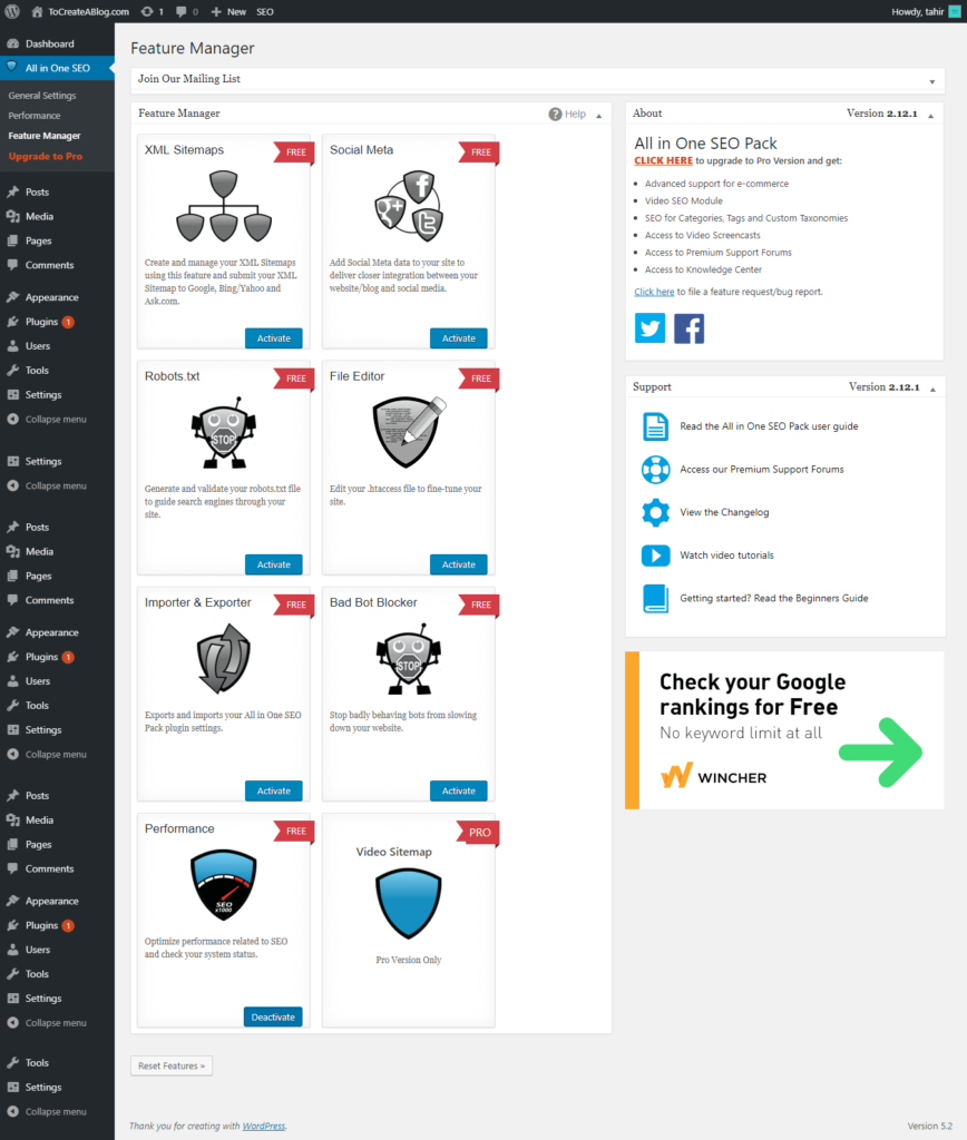 Feature Manager All in One SEO Pack