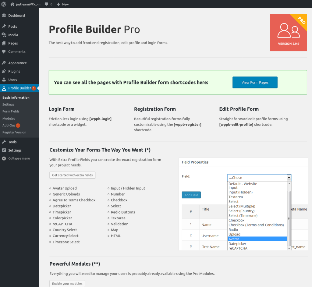 Страница настроек Profile Builder Pro