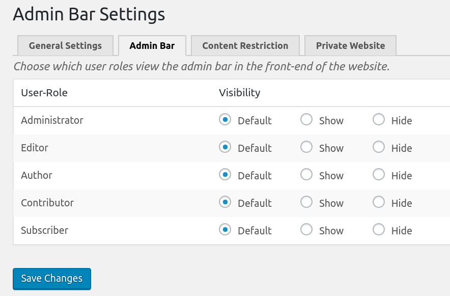 Profile Builder Pro Seite mit den Einstellungen der Admin-Leiste