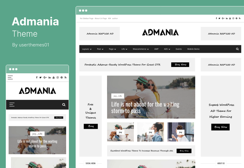 Admania 主题 - 与 Gutenberg 兼容的 Adsense WordPress 主题