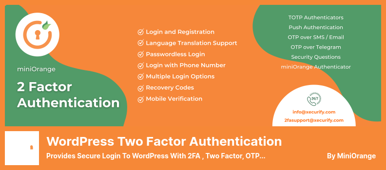 Plugin d'authentification à deux facteurs WordPress - Fournit une connexion sécurisée à WordPress avec 2FA, Two Factor, OTP SMS et Email