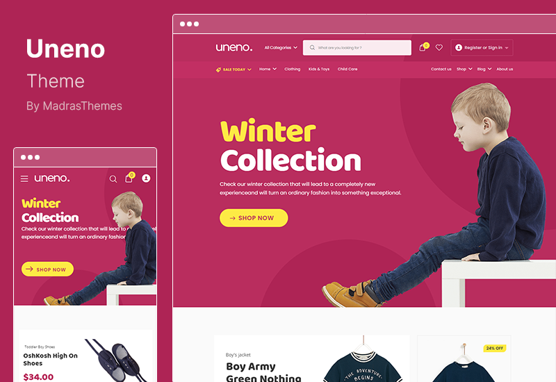 Tema Uneno - Magazin de jucării de îmbrăcăminte pentru copii Tema WooCommerce