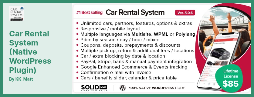 Car Rental System (Native WordPress Plugin) 플러그인 - 자동차를 렌트하는 기본 및 반응형 WordPress 플러그인