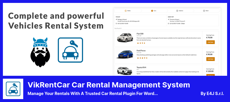 Plugin do sistema de gerenciamento de aluguel de carros VikRentCar - Gerencie seus aluguéis com um plug-in confiável de aluguel de carros para sites WordPress