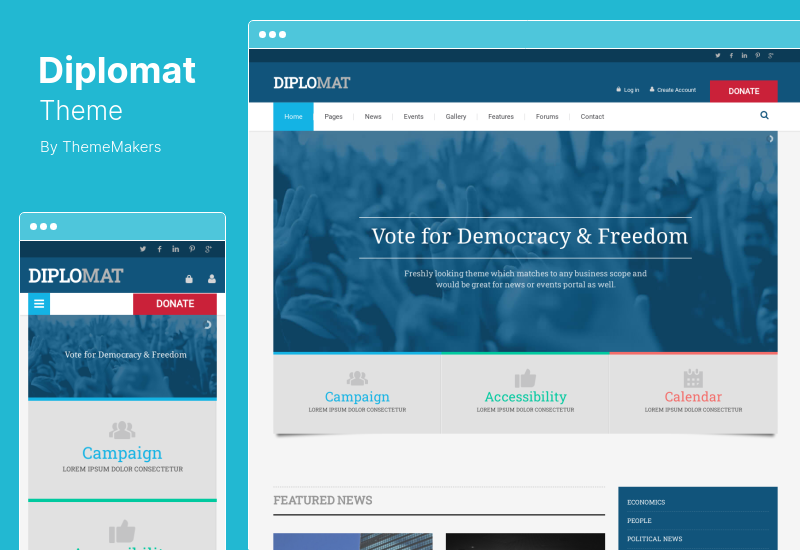 Tema Diplomat - Campanha Política, Partido, Tema WordPress Responsivo a Blog