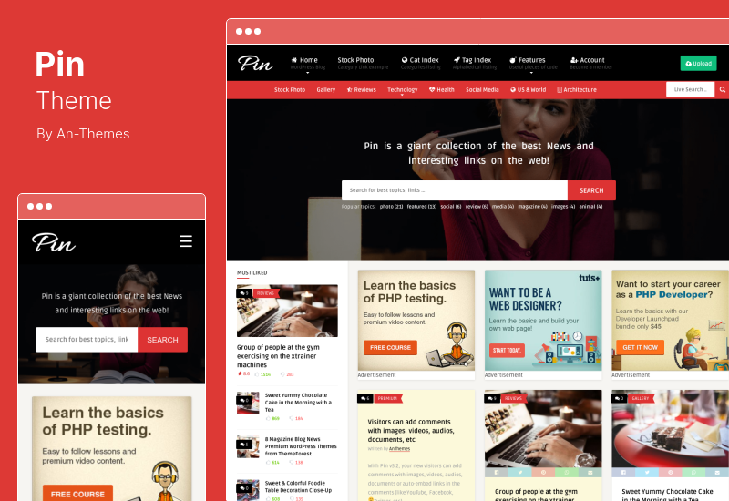 Pin-Design – Pinterest-Stil. Persönliches Mauerwerk-Blog und Front-End-Einreichung WordPress-Theme