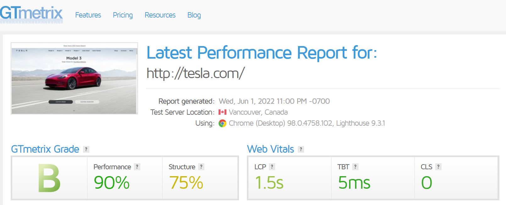 Tesla.com analizzato con GTmetrix