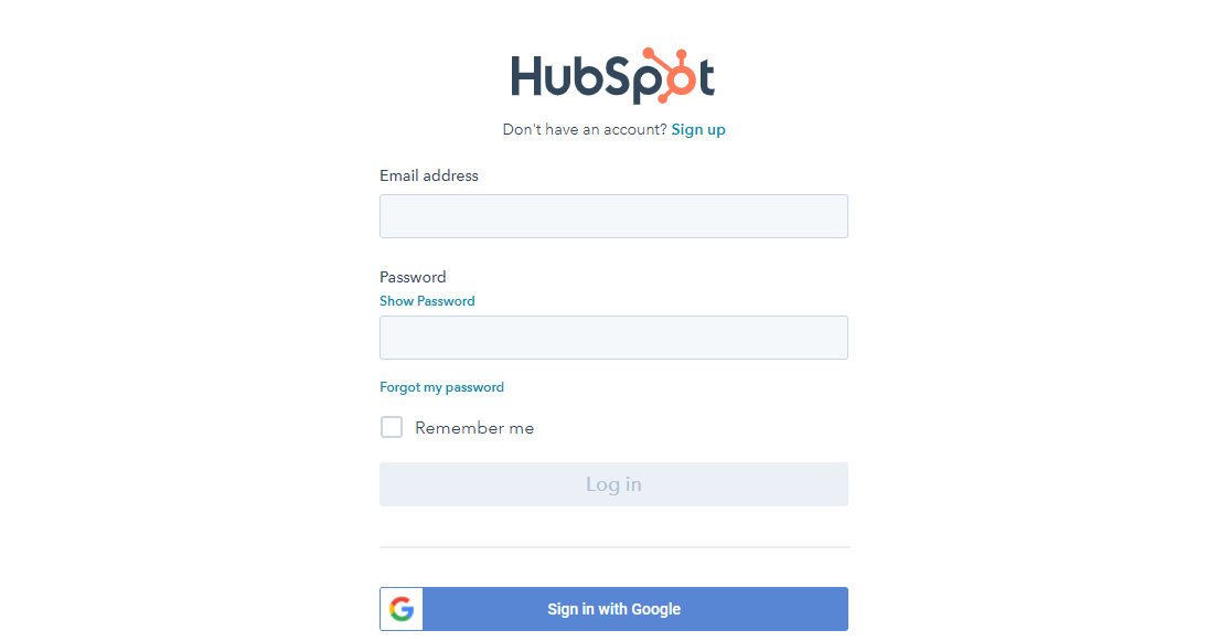 Halaman login HubSpot