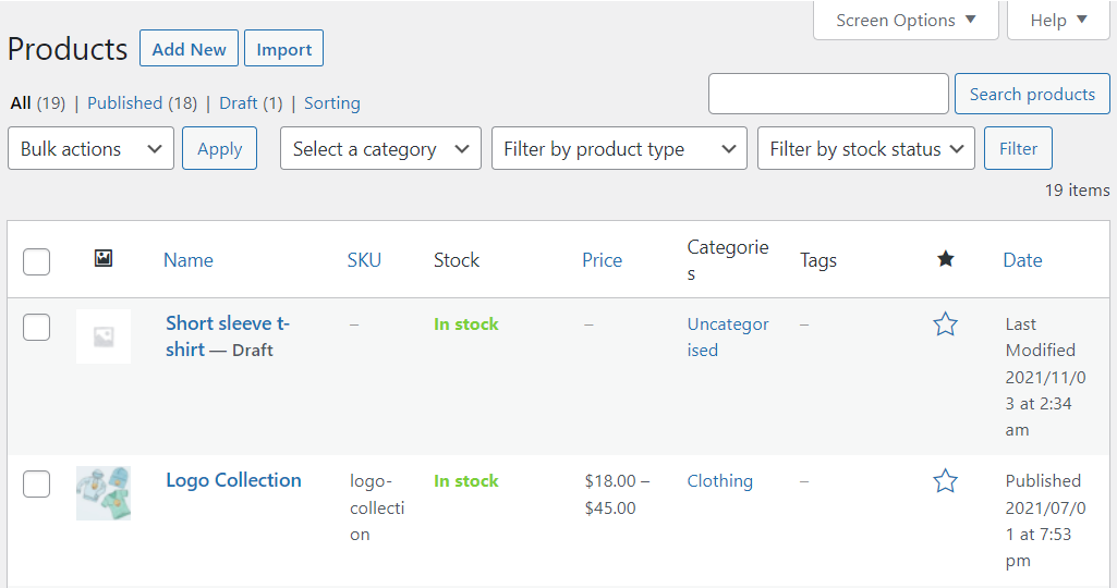 Uma lista de produtos WooCommerce