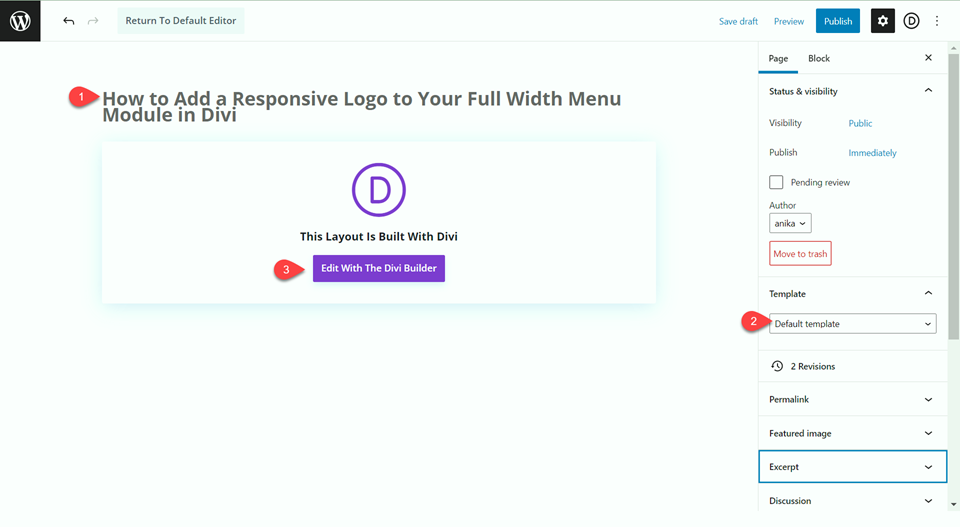 Divi Responsive Logo قائمة العرض الكاملة إنشاء صفحة