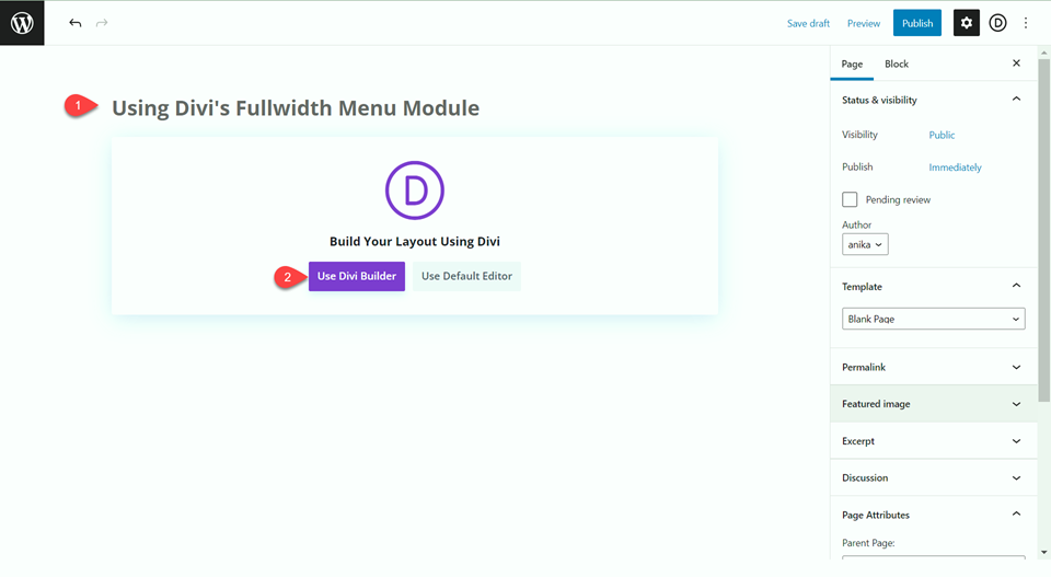 Divi Fullwidth مقابل وحدة القائمة العادية صفحة جديدة