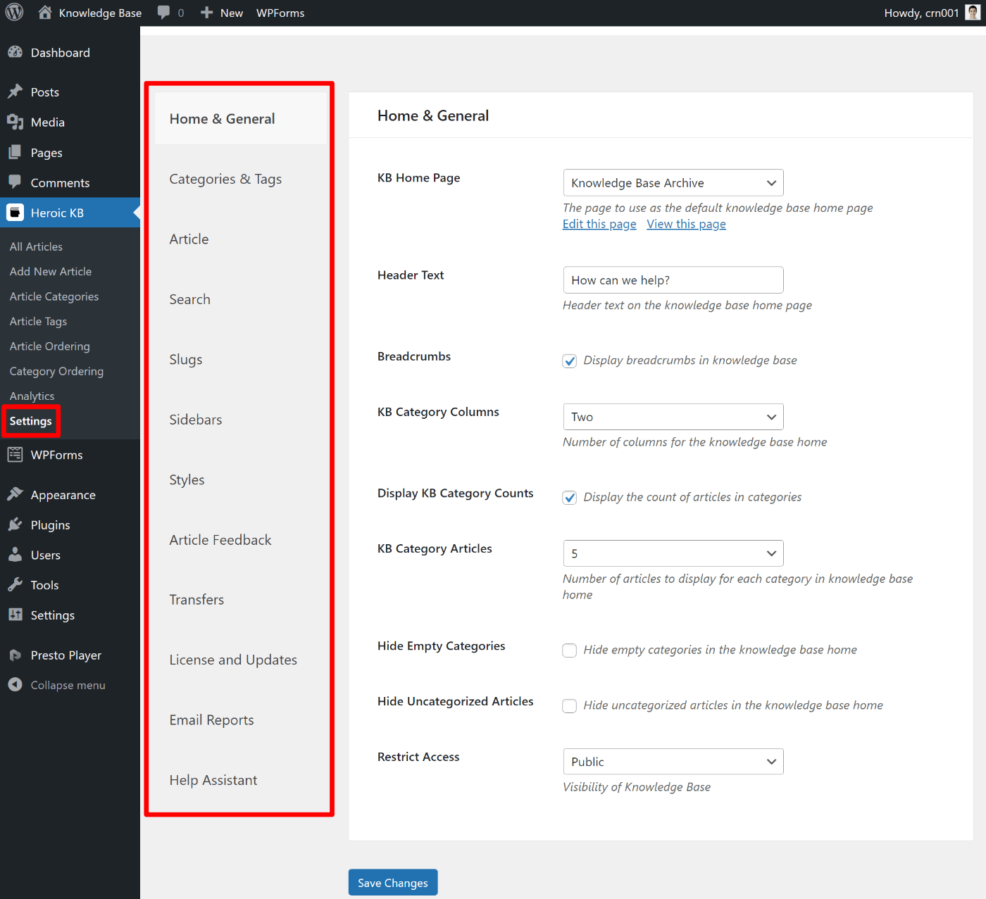 Configurações detalhadas da Heroic Knowledge Base