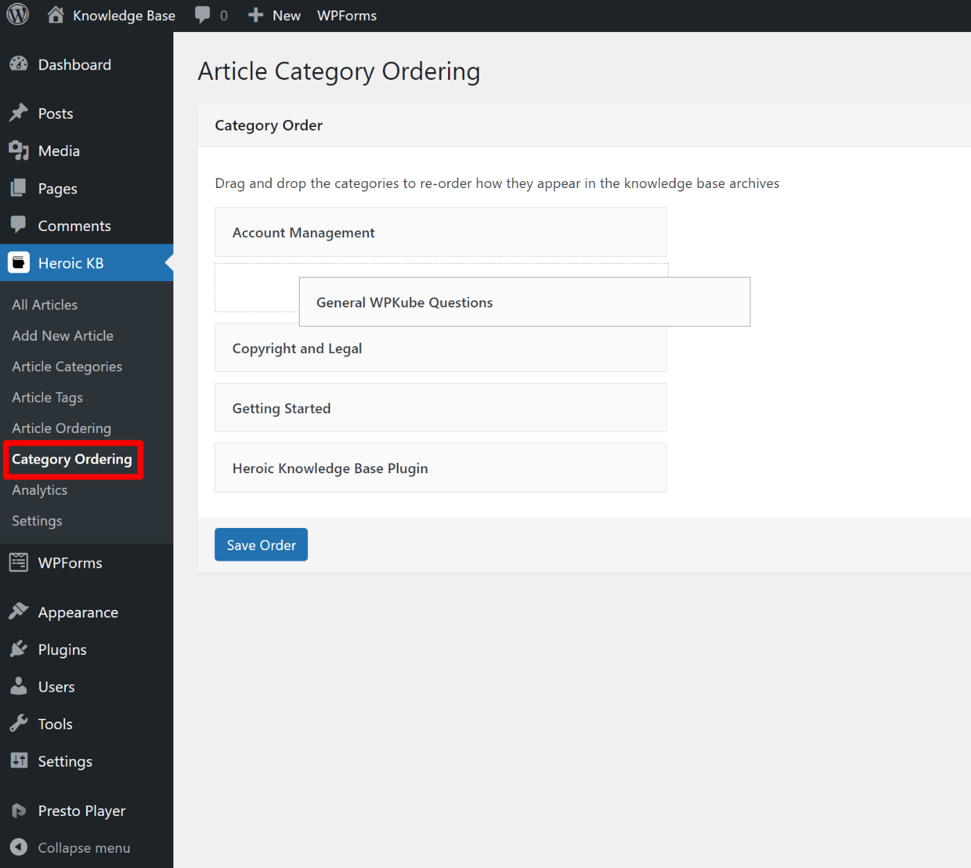 Modifica dell'ordine delle categorie