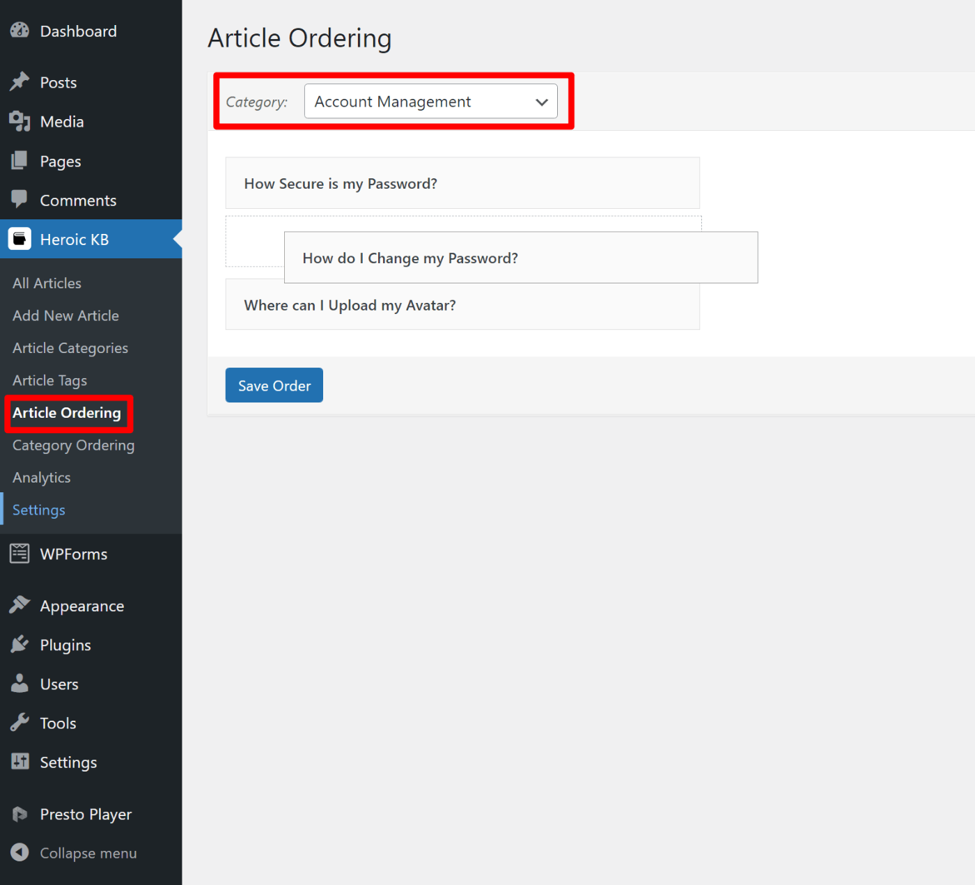 Modifica dell'ordine degli articoli