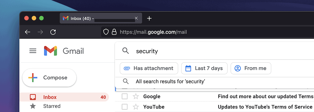 Интерфейс Gmail с функциями поиска.