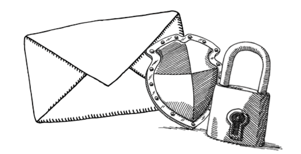 Иллюстрация замка, щита и конверта с сайта Posteo.
