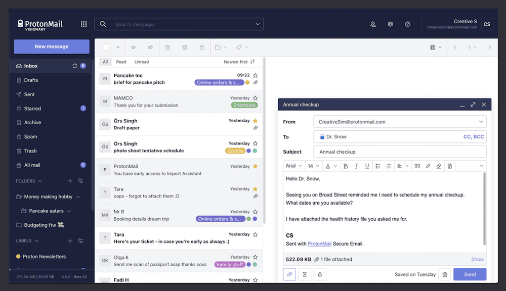 ProtonMail 인터페이스.