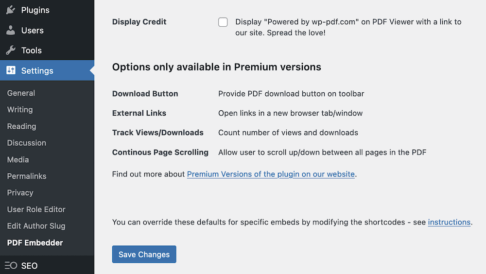 Ekran ustawień modułu PDF Embeder.