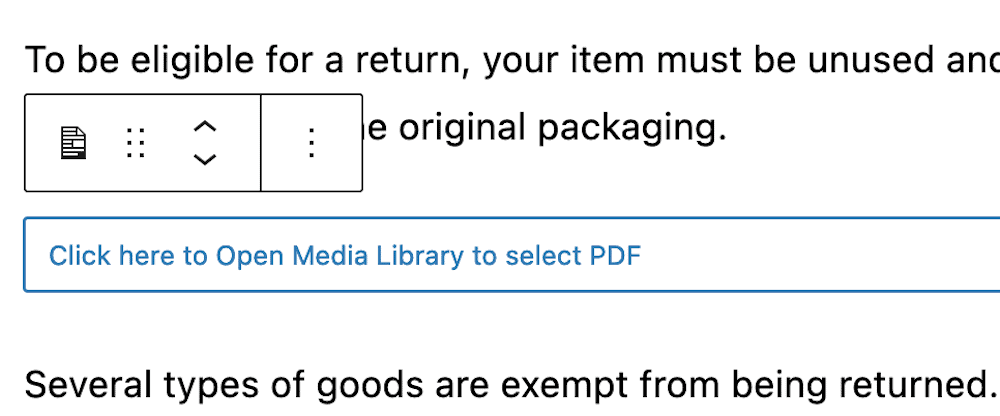 Die Schaltfläche zum Hochladen einer PDF-Datei in WordPress.