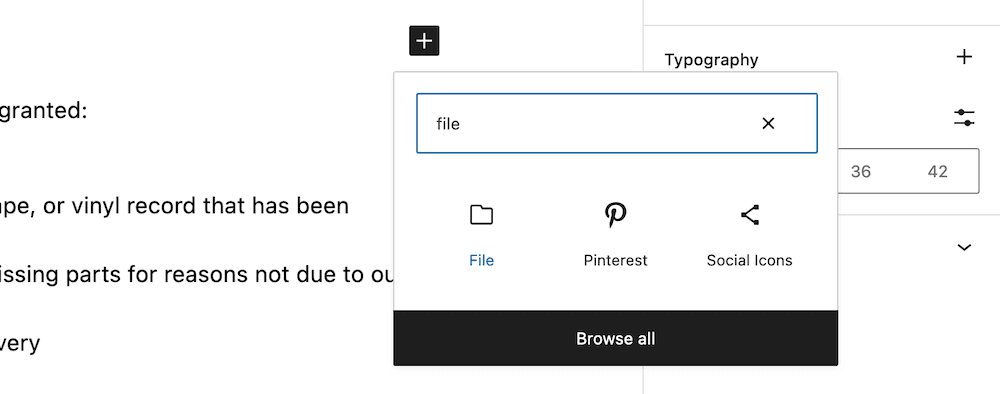 El bloque de archivos de WordPress.