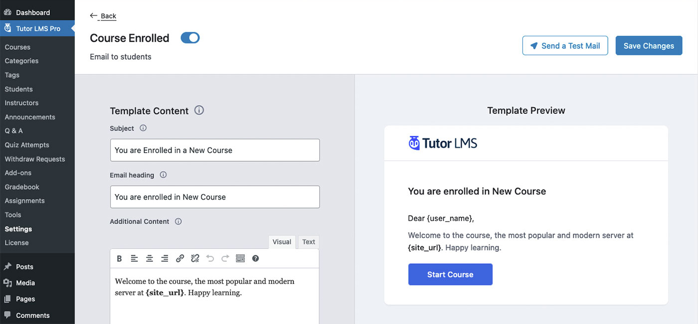 Configurações de e-mail do Tutor LMS