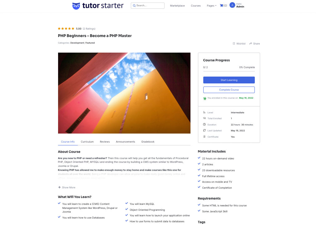 Tutor LMS página completa del curso