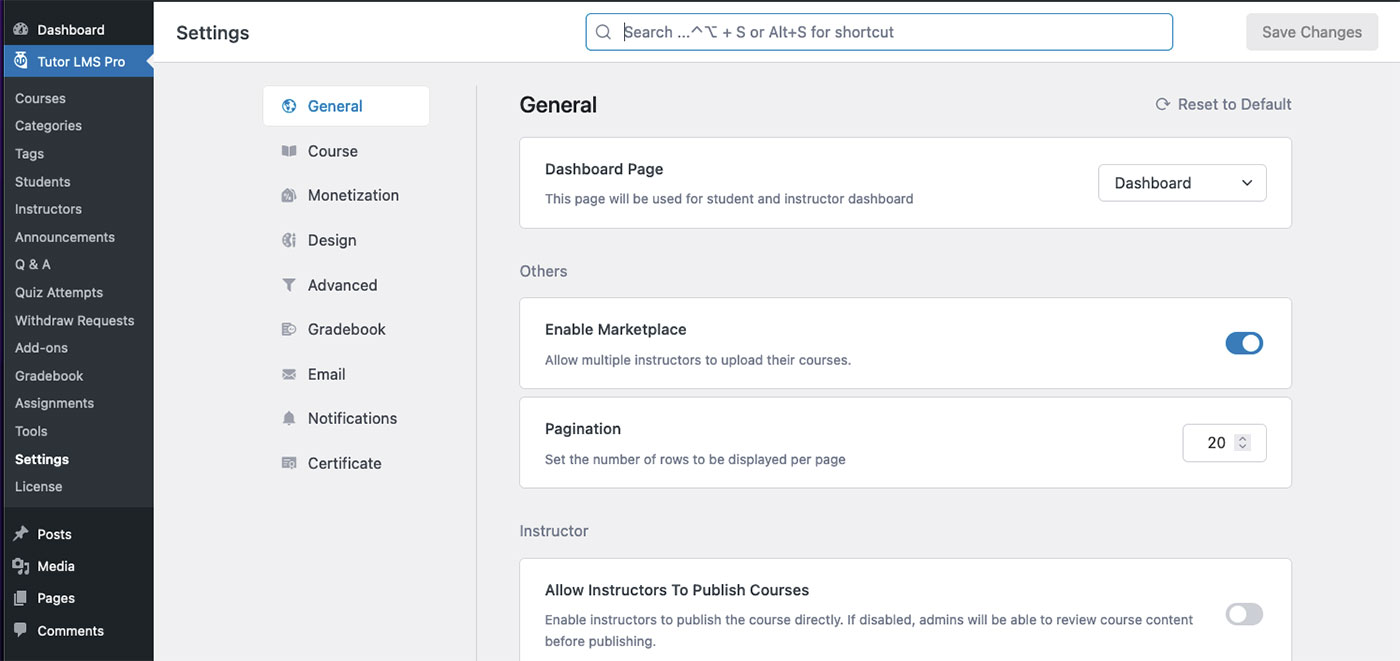 Menú de configuración de Tutor LMS Pro