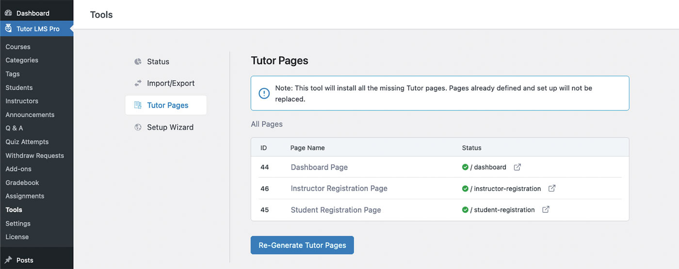 Menú de configuración de las páginas de tutor de Tutor LMS