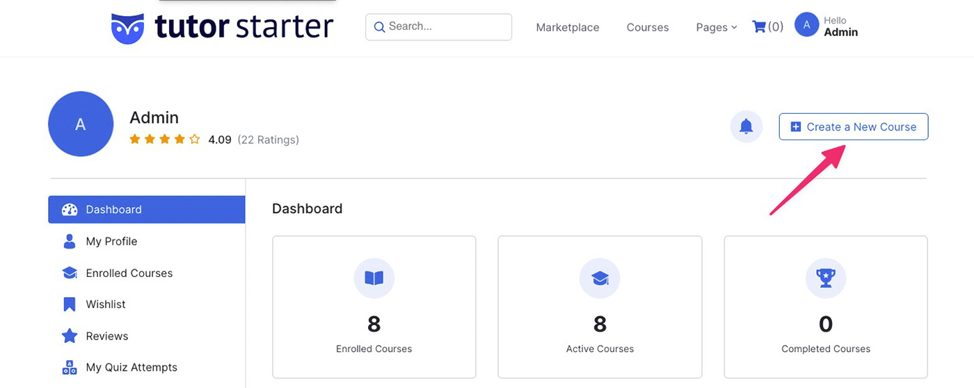 Panel frontal de Tutor LMS