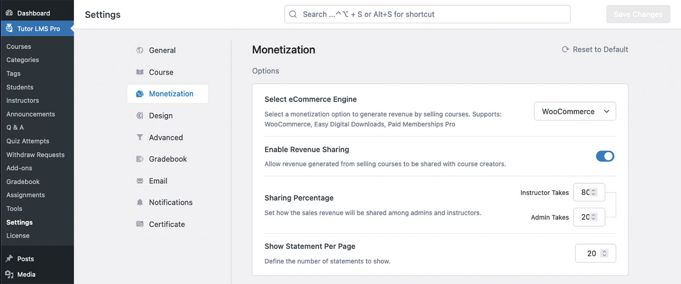 Configurações de monetização do Tutor LMS