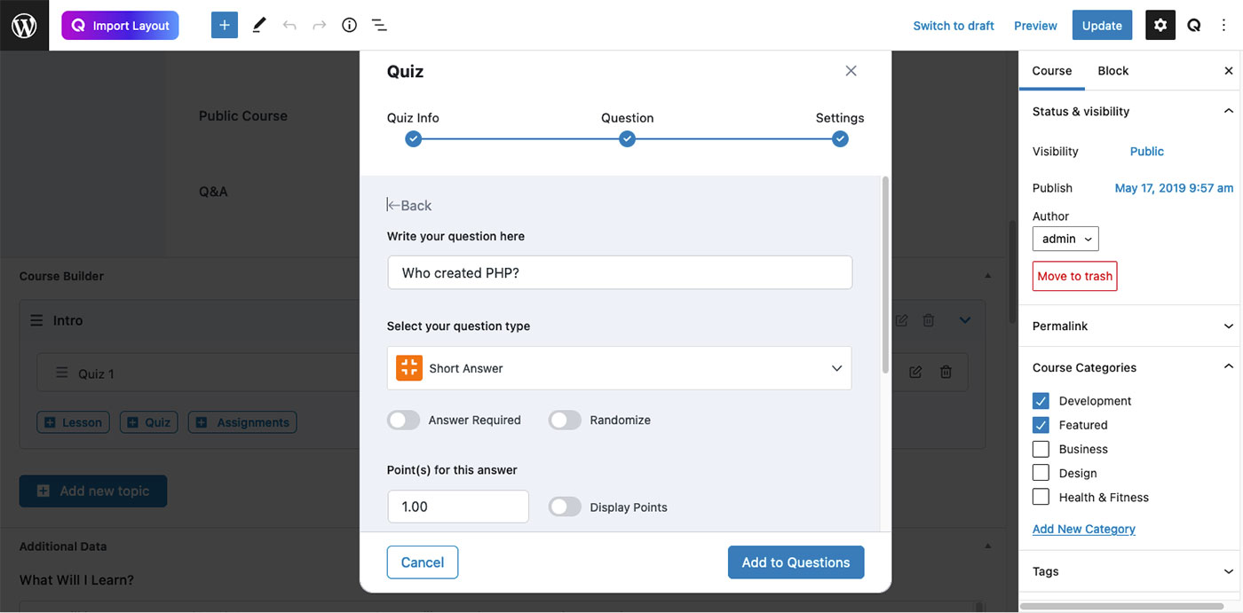 Menu de perguntas do Tutor LMS