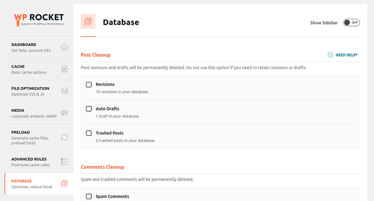 tangkapan layar menu basis data WP Rocket