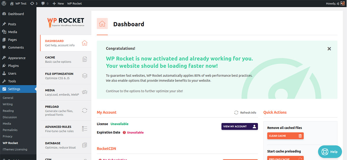 Screenshot des WP Rocket-Dashboards