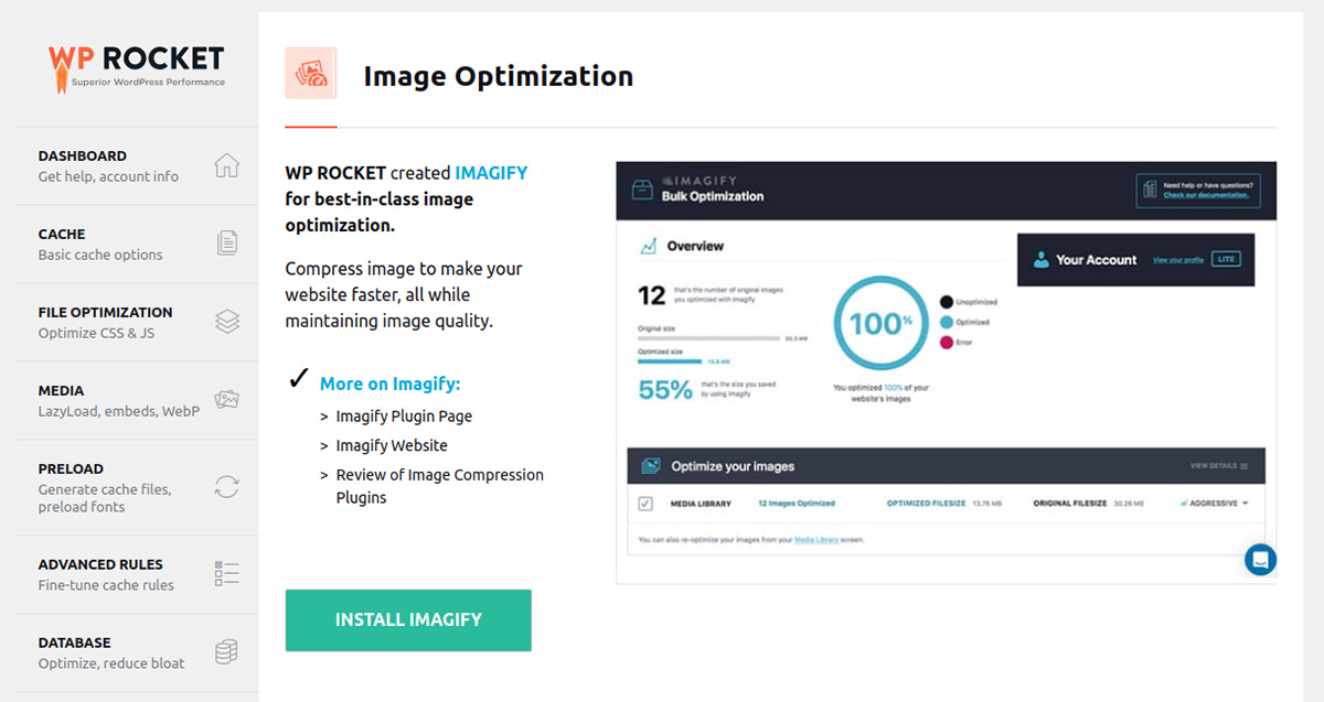 captură de ecran a meniului de optimizare a imaginii WP Rocket