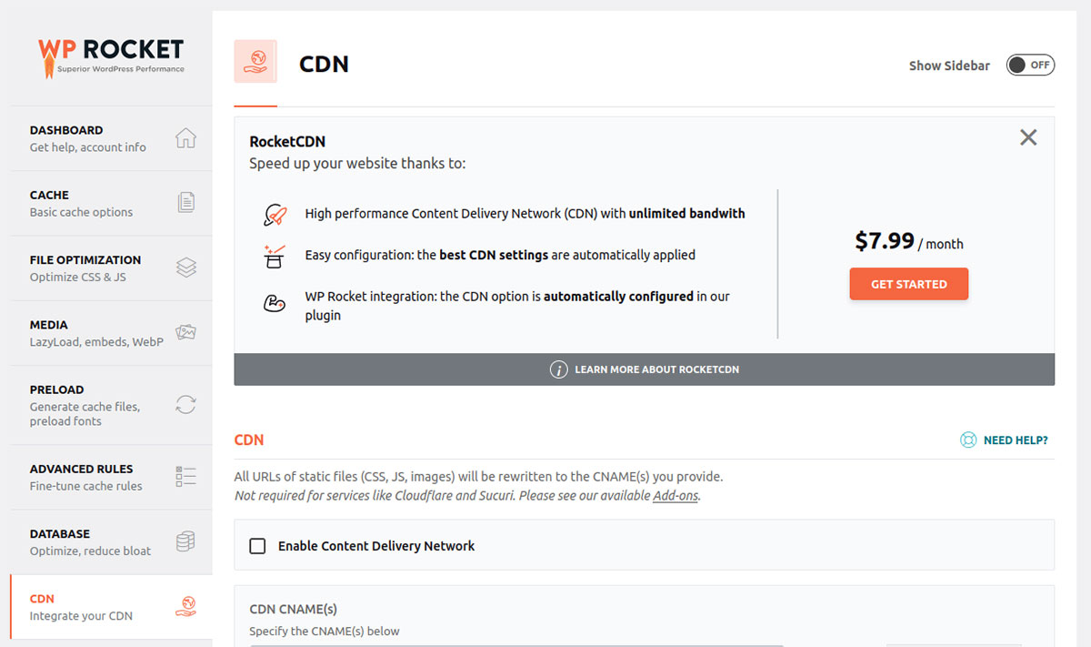 Screenshot des WP Rocket CDN-Menüs