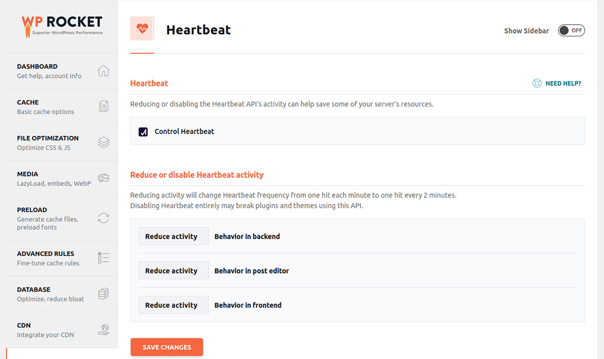 captura de tela do menu WP Rocket Heartbeat