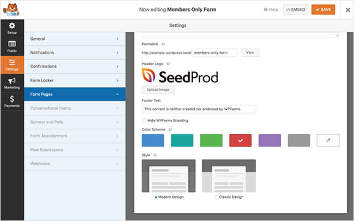 Diseño de página de formulario de WPForms