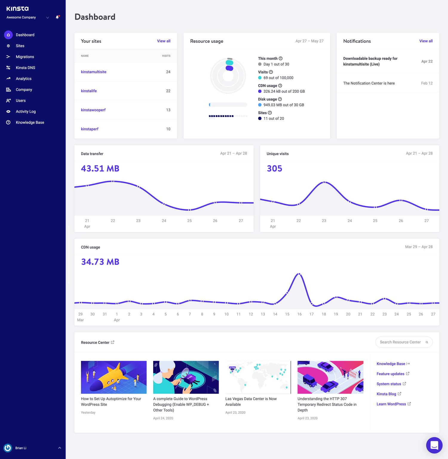 Kinsta ana kontrol paneli