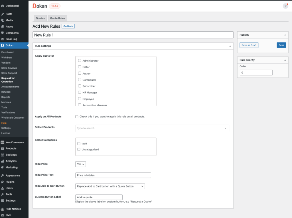 Personnalisation du formulaire de nouvelle règle de devis