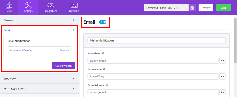 Configurações de e-mail Limite de respostas do formulário WordPress