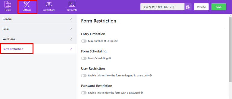 Configurações de restrição de formulário Limitar envio de formulário WordPress