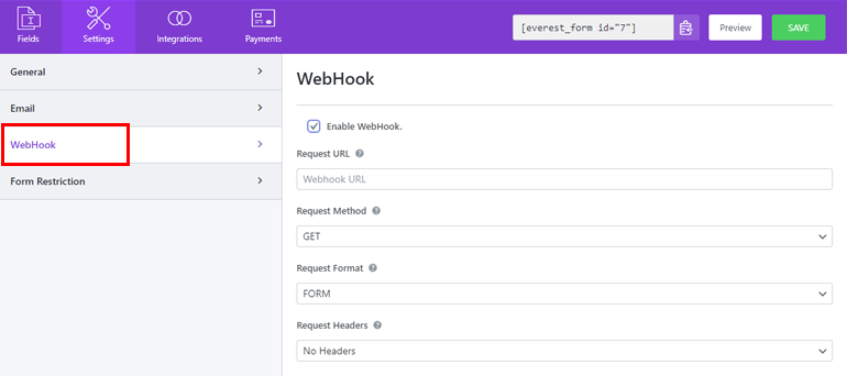 Setări Webhook pentru formular